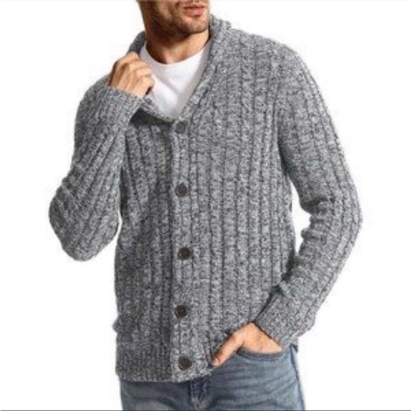 Men's Cardigan Sweater Cable Knitted Slim Fit Grey - Picture 2 of 6